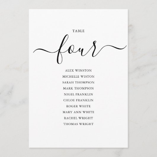 Elegante Zwarte Script Tafel Nummer 4 Zitplaatsenk Kaart (Voorkant)