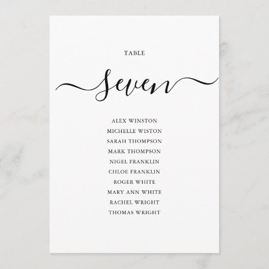 Elegante Zwarte Script Tafel Nummer Zitplaatskaart Kaart (Voorkant)