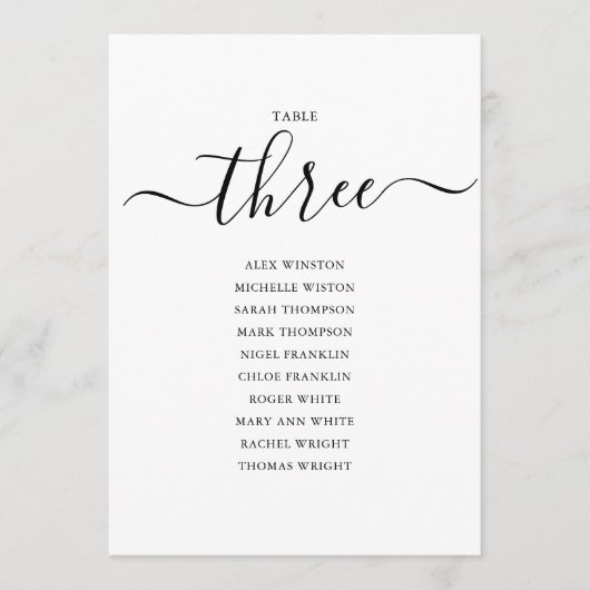 Elegante Zwarte Script Tafelnummer 3 Zitplaatskaar (Voorkant)