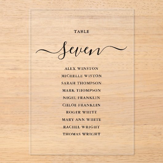 Elegante Zwarte Script Tafelnummer Stoelenkaart (Voorkant)