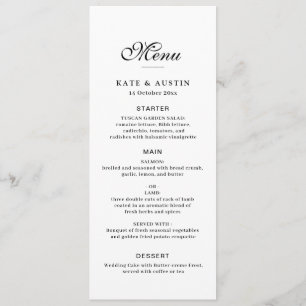 elegante zwarte script witte trouwmenu kaart