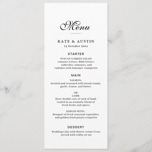 elegante zwarte script witte trouwmenu kaart (Voorkant)
