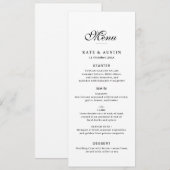 elegante zwarte script witte trouwmenu kaart (Voorkant / Achterkant)
