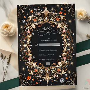 Elegante Zwarte Sieraden Versierde Trouw RSVP Kaartje