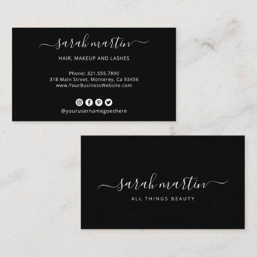 Elegante zwarte social media iconen modern visitekaartje (Voorkant / Achterkant)