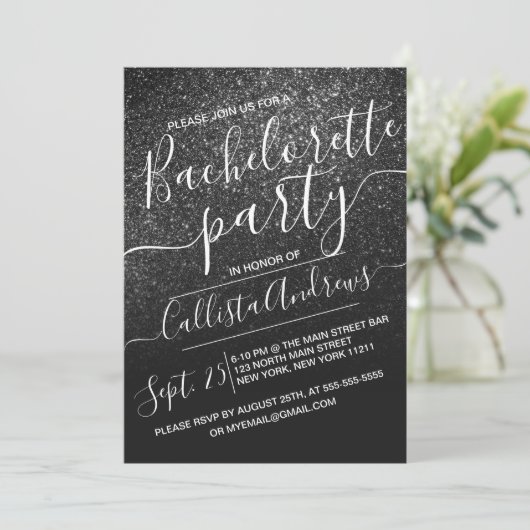 Elegante zwarte Sparkly Glitter Ombre Bachelorette Kaart (Staand voorkant)