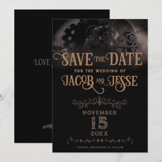Elegante zwarte Steampunk Save The Date (Voorkant / Achterkant)
