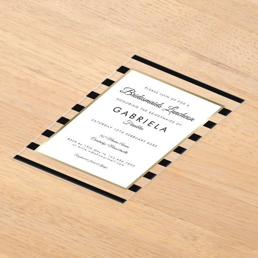 Elegante zwarte streep gouden bruidsmeisjes lunch acryl uitnodigingen (Laagn)