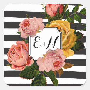 Elegante Zwarte Streep Oudhollands Rozen Huwelijk Vierkante Sticker