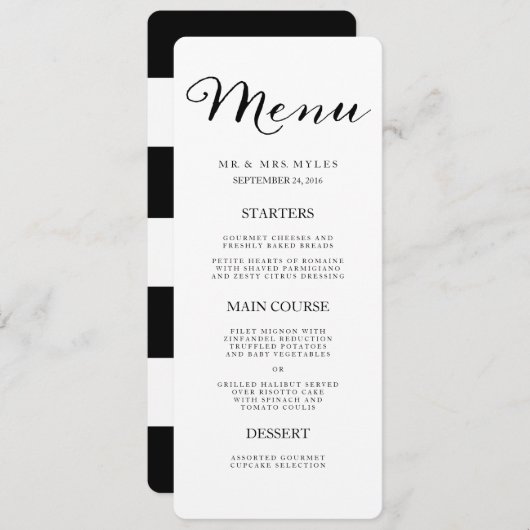 Elegante zwarte strepen bruiloft menu (Voorkant / Achterkant)
