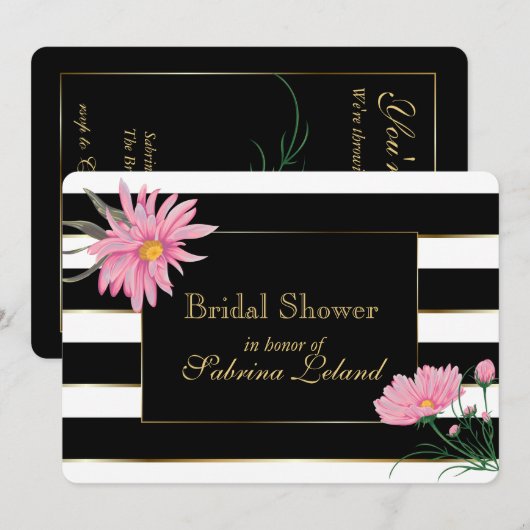 Elegante zwarte strepen roze bloemen Vrijgezellenf Kaart (Voorkant / Achterkant)