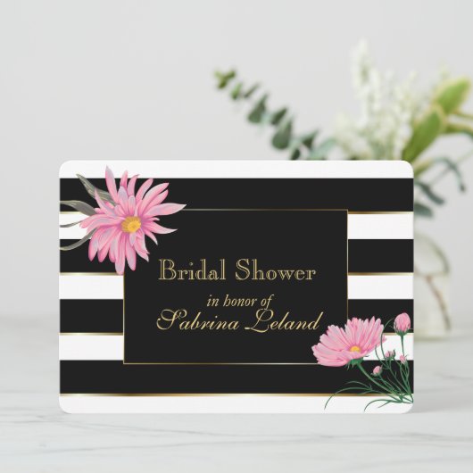 Elegante zwarte strepen roze bloemen Vrijgezellenf Kaart (Staand voorkant)