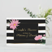 Elegante zwarte strepen roze bloemenpaar douche kaart (Staand voorkant)