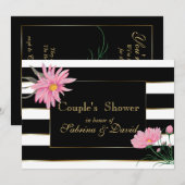 Elegante zwarte strepen roze bloemenpaar douche kaart (Voorkant / Achterkant)
