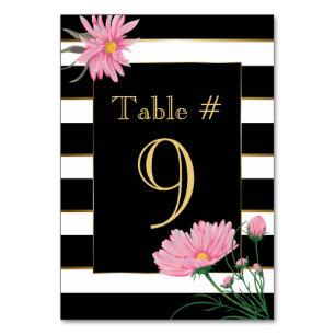 Elegante Zwarte Strepen Roze Daisies Tafel Kaart