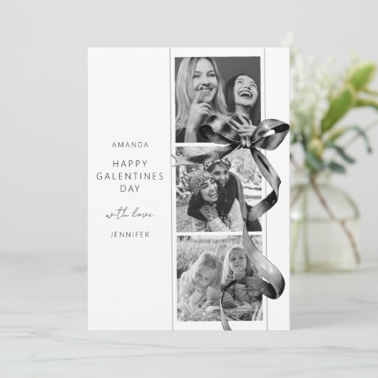 Elegante Zwarte Strik 3 Foto Galentines Dag Kaart (Staand voorkant)
