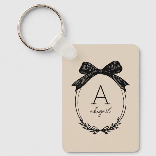 Elegante Zwarte Strik Chic Coquette Beige Monogram Sleutelhanger (Voorkant)