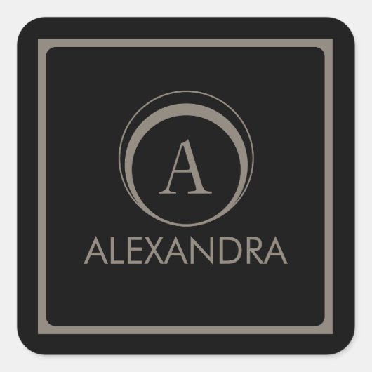 Elegante Zwarte Taupe Monogramnaam Vierkante Sticker (Voorkant)