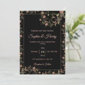 Elegante zwarte thee en roze bloemenbruiloft kaart (Staand voorkant)