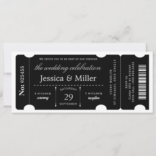Elegante zwarte ticket trouwuitnodiging kaart (Voorkant)