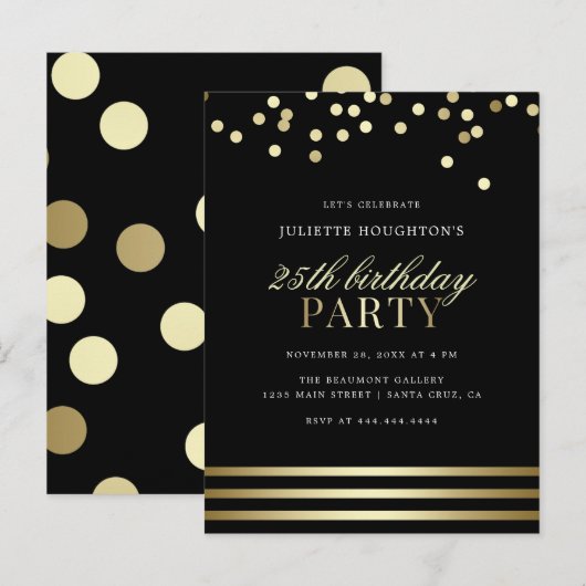 Elegante zwarte trendy Confetti Glossy Verjaardag Uitnodiging Briefkaart (Voorkant / Achterkant)