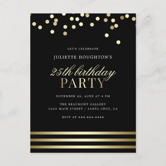 Elegante zwarte trendy Confetti Glossy Verjaardag Uitnodiging Briefkaart (Voorkant)