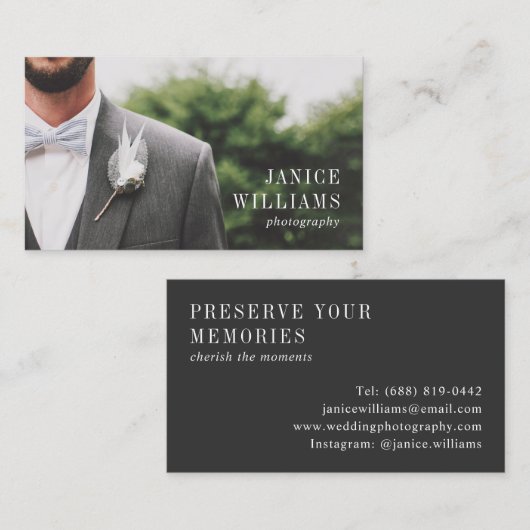 Elegante zwarte trouwfotografie modern minimaal visitekaartje (Voorkant / Achterkant)