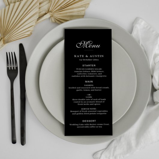 elegante zwarte trouwmenukaart menu