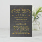 Elegante zwarte trouwuitnodiging met goud folieacc kaart (Staand voorkant)