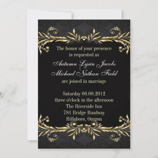 Elegante zwarte trouwuitnodiging met gouden rand. kaart (Achterkant)