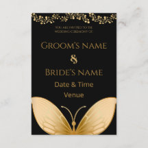 Elegante zwarte trouwuitnodiging met gouden vlinde