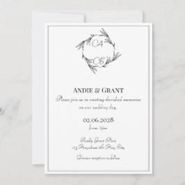 Elegante zwarte trouwuitnodiging met monogram kaart