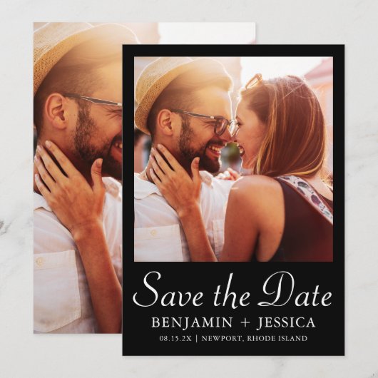 Elegante Zwarte Twee Foto Trouwen Save the Date (Voorkant / Achterkant)