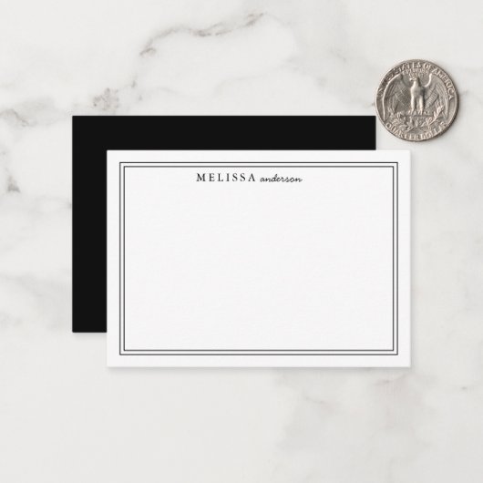 Elegante zwarte twee grens minimalistische monogra notitiekaartje (Voorkant / Achterkant in situ)