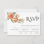 Elegante zwarte typografie en perzik pioenen bruil RSVP kaartje (Voorkant)