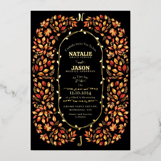 Elegante zwarte val verlaat rustieke Boho-bruiloft Folie Uitnodiging (Voorkant)