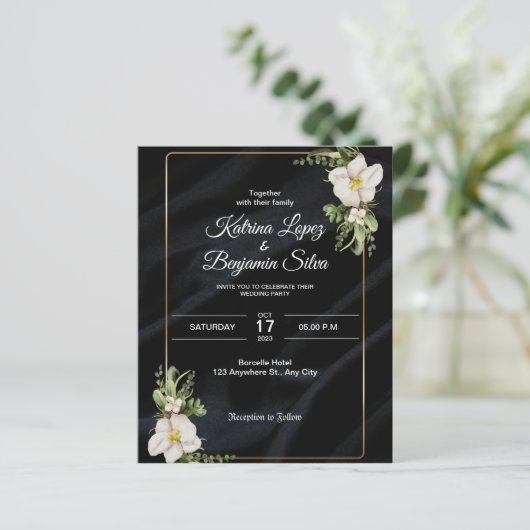 Elegante zwarte vintage bruiloft uitnodiging (Staand voorkant)