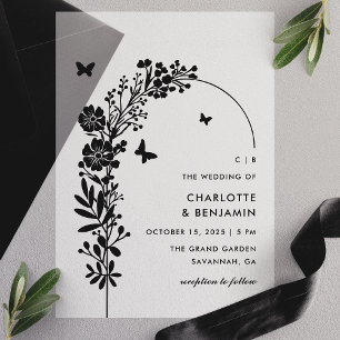 Elegante Zwarte Vlinder Botanische Trouw Vellum Uitnodigingen