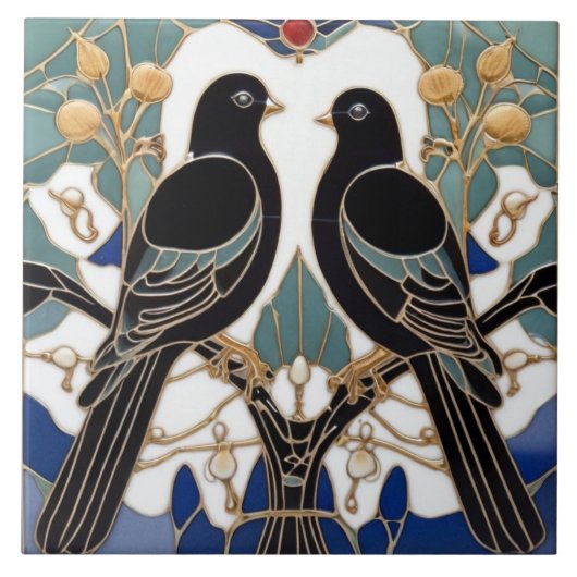 Elegante zwarte vogels Art Nouveau Vogel Art Deco Tegeltje (Voorkant)