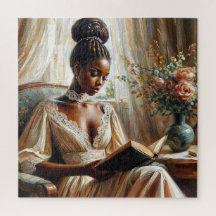 Elegante Zwarte Vrouw Leest Een Boek Puzzel Vintag