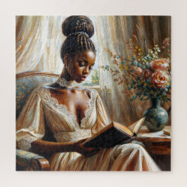 Elegante Zwarte Vrouw Leest Een Boek Puzzel Vintag