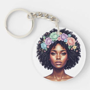 Elegante zwarte vrouw met bloem hoofdband Afro Sleutelhanger