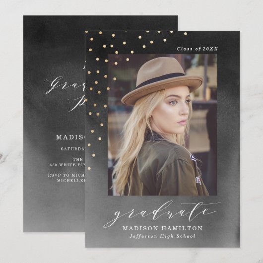 Elegante zwarte Waterverf foto afstudeerfeest Kaart (Voorkant / Achterkant)