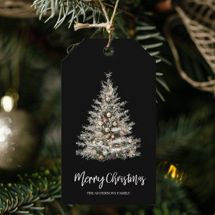 Elegante Zwarte Waterverf Kerstboom Cadeaulabel