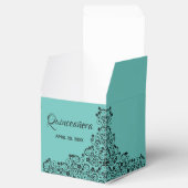 Elegante zwarte werveling op Blue Quinceañera Bedankdoosjes (Geopend)