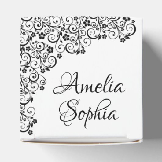 Elegante zwarte wervelingen & bloemen Quinceañera Bedankdoosjes (Bovenkant)