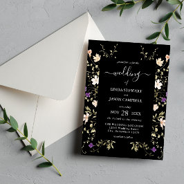 Elegante Zwarte Wilde Bloemen Bloemrijke Trouwdag Kaart