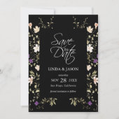 Elegante zwarte wilde bloemen bruiloft save the da kaart (Voorkant)