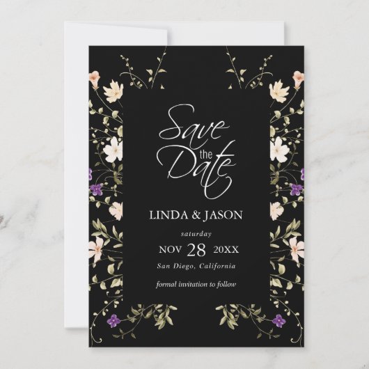 Elegante zwarte wilde bloemen bruiloft save the da kaart (Voorkant)