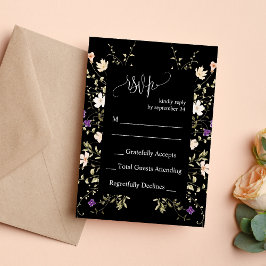 Elegante Zwarte Wilde Bloemen Huwelijk RSVP Kaart